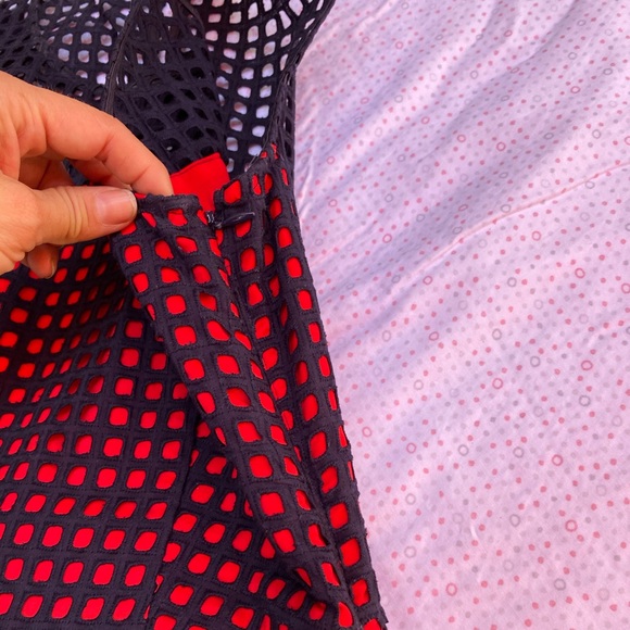 Banana Republic Navy Blue/Red Geo Eyelet Lace sleeveless Short Peplum Dress - Picture 13 of 13